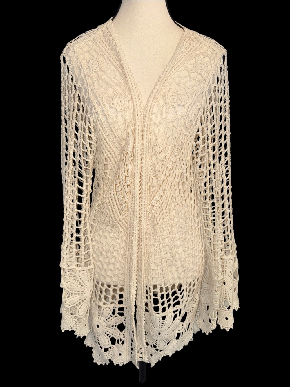 Rebellion again Cream Crochet Open-Front Cardigan Sweater duster small